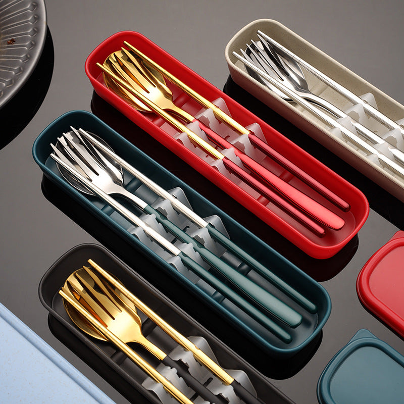 Stainless Steel Portable Tableware Fork Spoon Chopsticks Suit Korean Three-piece Outdoor Gift Student Tableware Suit